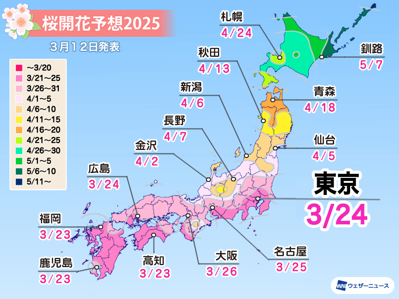 2025 Japan Nationwide Cherry Blossom Bloom Schedule Chart 