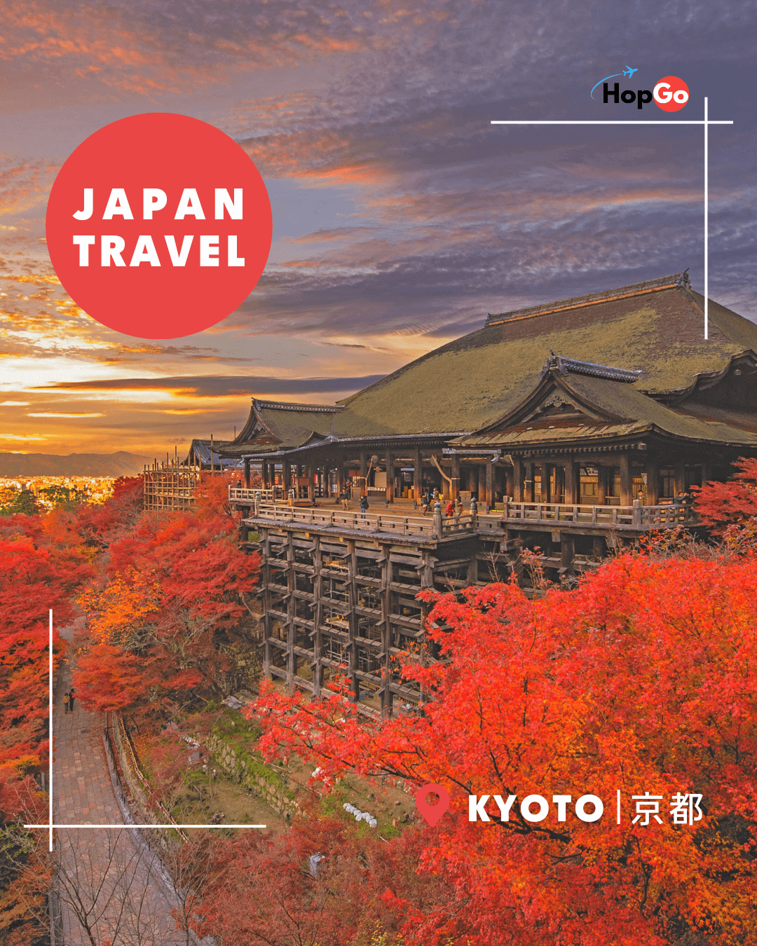Kyoto Kiyomizu-dera Temple at sunset in autumn, mountains and valleys glowing with fiery red maple leaves – Japan fall foliage highlight.