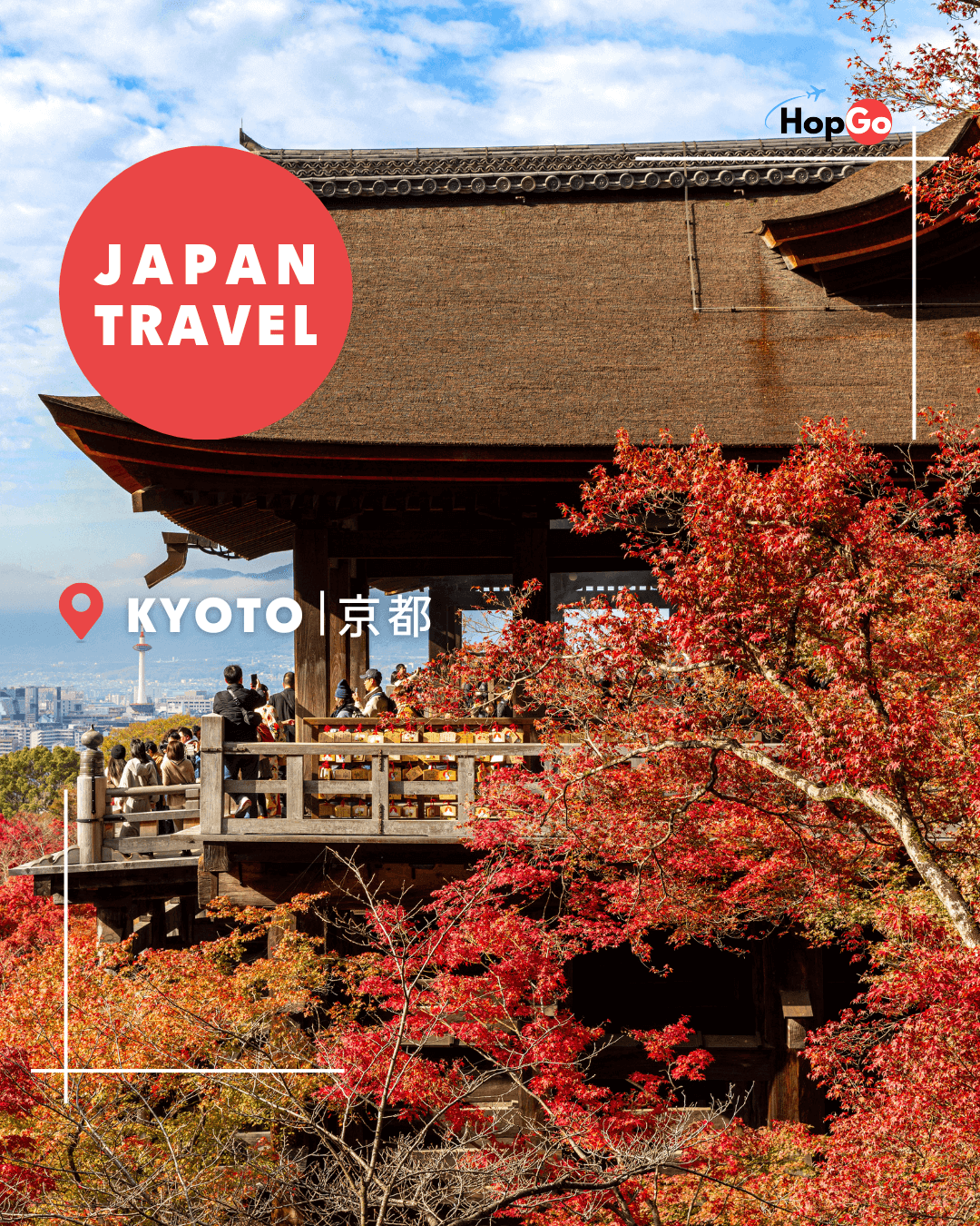 Close-up view of Kyoto Kiyomizu-dera Temple in autumn, visitors on the wooden terrace overlooking colorful red maple leaves and Kyoto Tower.