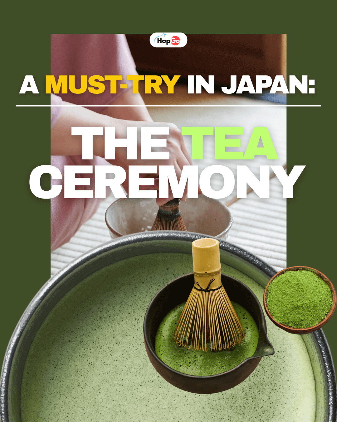 Japanese matcha tea powder with bamboo whisk and traditional tea utensils — symbolizing harmony, respect, and tranquility.