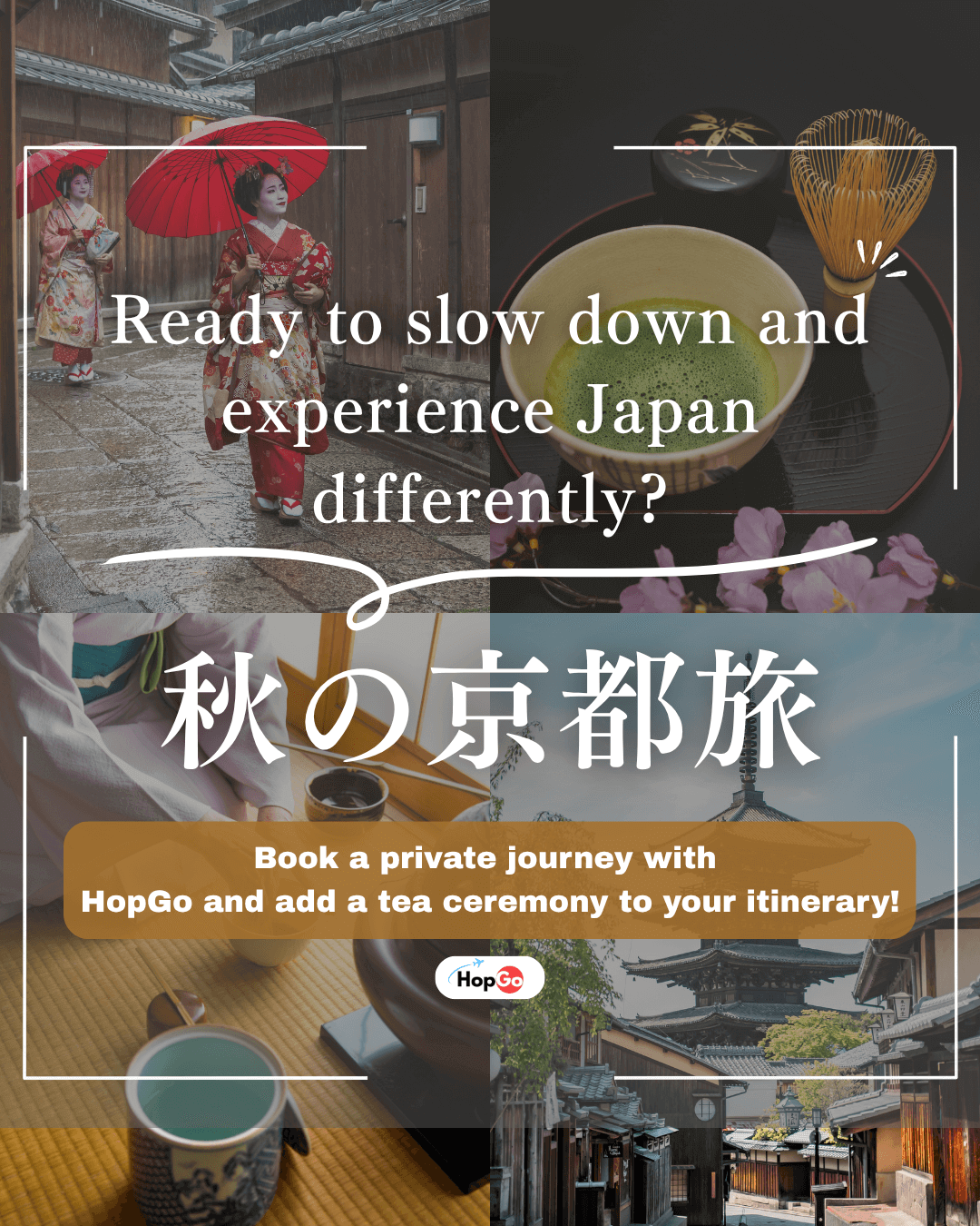 Traditional tea house experience in Kyoto with bamboo whisk and scenic Gion district view by the river.