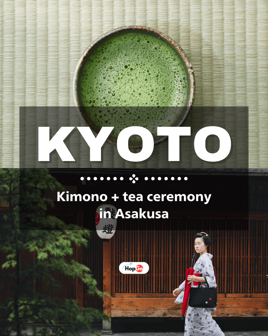 Autumn tea ceremony in Kyoto with women in kimono, tatami tea room, and Yasaka Pagoda view.